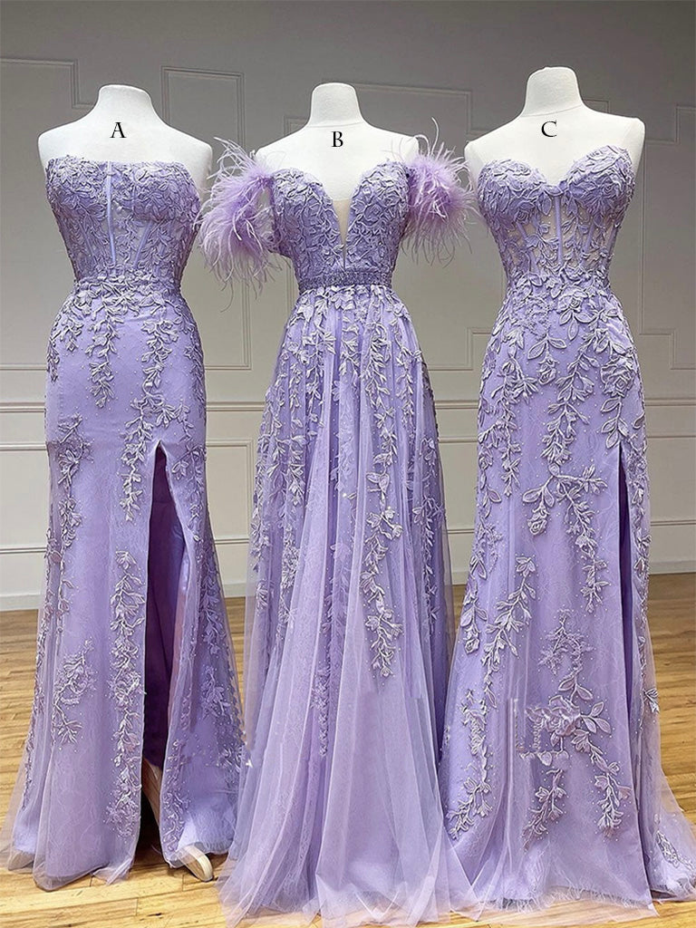 Purple Tulle Lace Long Prom Dress Outfits For Girls, Purple Tulle Formal Evening Dress