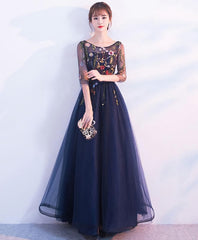 Dark Blue Tulle Lace Long Prom Dress, Blue Evening Dress