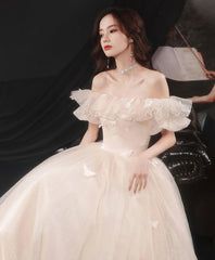 Champagne Tulle Lace Off Shoulder Long Prom Dress, Tulle Formal Dress