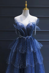 Blue Tulle Beaded Long Senior Prom Dress, A-Line Blue Formal Dress