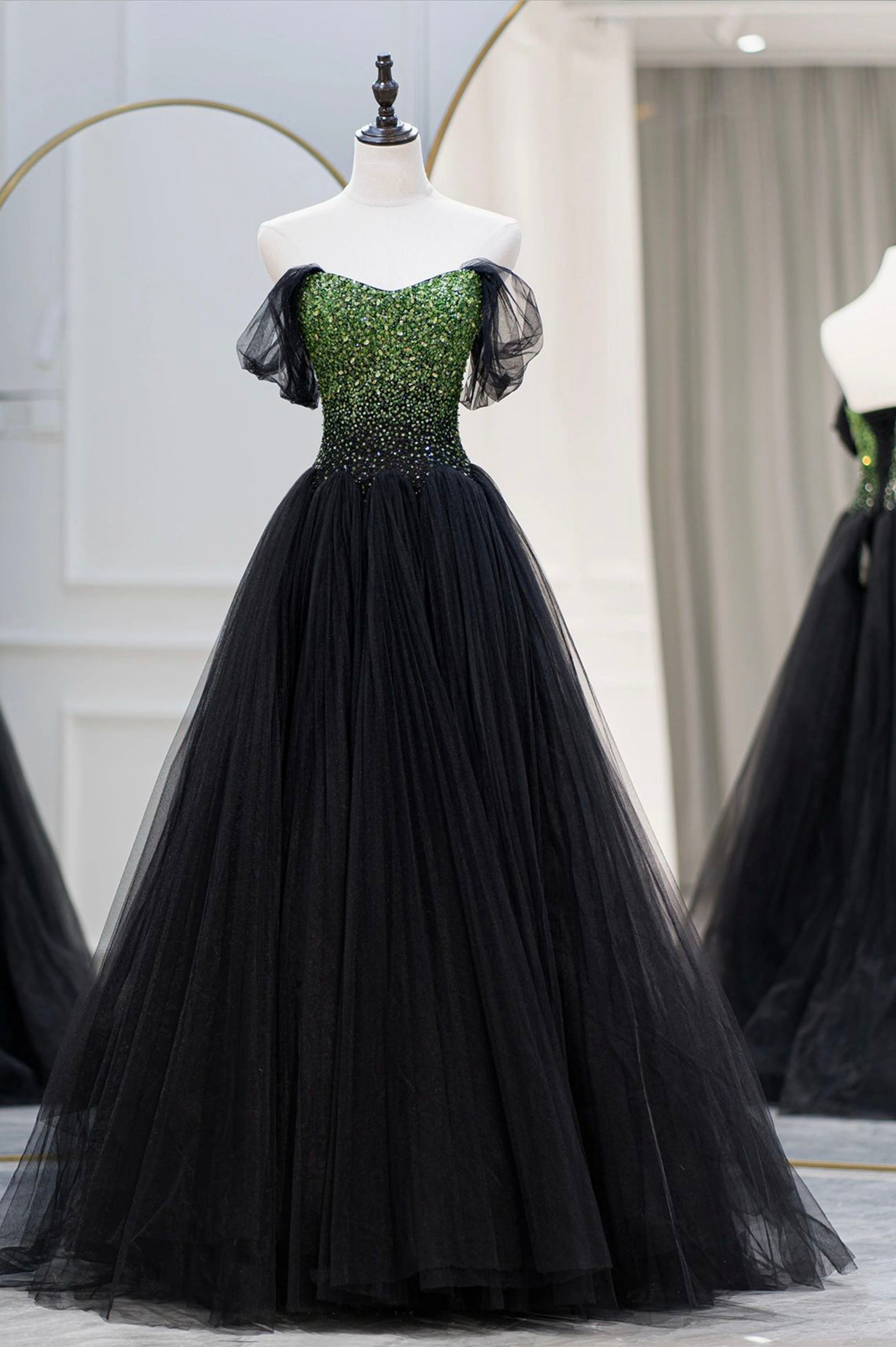 Black Tulle Long A-Line Prom Dress, Black Evening Dress with Green Beaded