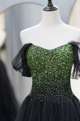 Black Tulle Long A-Line Prom Dress, Black Evening Dress with Green Beaded