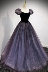 Purple Velvet Tulle Long Prom Dresses, A-Line Evening Dresses