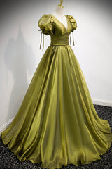Green V-Neck Long Prom Dresses, A-Line Evening Dresses