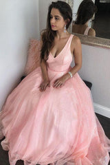 Pink Sleeveless Prom Dresses Sparkle V Neck Long Formal Gown