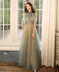 Green Tulle Hight Neck Tulle Lace Long Prom Dress, Tulle Formal Dress