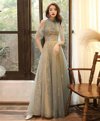 Green Tulle Hight Neck Tulle Lace Long Prom Dress, Tulle Formal Dress