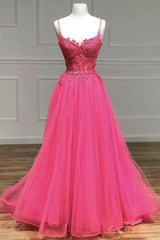 Hot Pink Floral Spaghetti Straps A-line Long Prom Dress