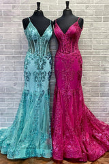 Fuchsia Mermaid Sequined Embroidery Tulle Long Prom Dress
