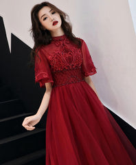 Burgundy Tulle Lace Long Prom Dress, Burgundy Evening Dress, 6