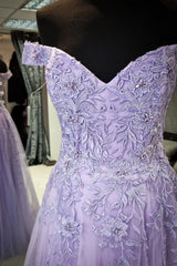 Lilac Off-the-Shoulder Appliques Tulle Long Prom Dress with Slit