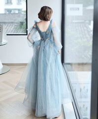 Blue V Neck Tulle Lace Long Prom Dress, Blue Lace Formal Dress