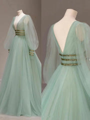 Green V Neck Tulle Sequin Long Prom Dress Green Evening Dress