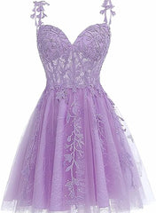 Lavender Tulle Lace Applique Homecoming Dress Outfits For Girls, Floral Tulle Short Prom Dress