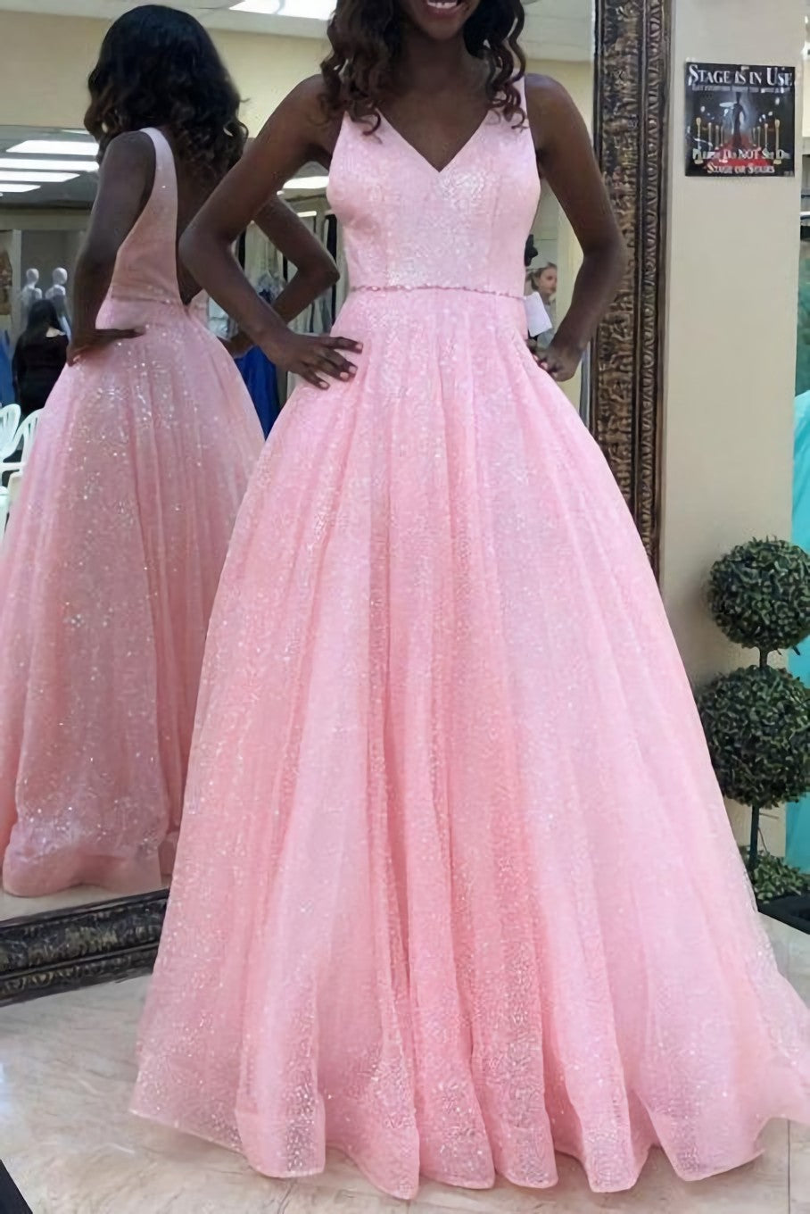 Pink Sleeveless Prom Dresses Sparkle V Neck Long Formal Gown