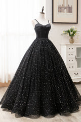 Black Tulle Long A-Line Long Prom Dresses, Black Evening Party Dresses