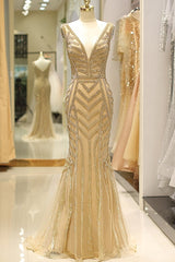 Elegant Mermaid Deep V Neck Gold Beaded Formal Evening Dress