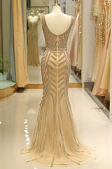 Elegant Mermaid Deep V Neck Gold Beaded Formal Evening Dress