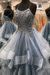 Elegant Lace-Up Cascading Ruffles Blue Tulle Prom Dress