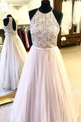 Halter Embroidery Long Prom Dress with Keyhole Back