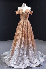 Off the Shoulder Gold and Silver Ombre Sequins Formal Dress