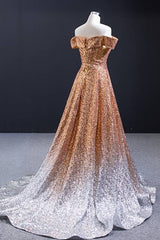 Off the Shoulder Gold and Silver Ombre Sequins Formal Dress