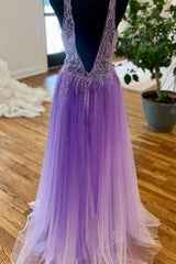Purple Beaded Plunge Neck Long Prom Dress with Slit