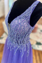 Purple Beaded Plunge Neck Long Prom Dress with Slit