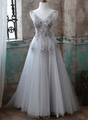 Grey V-Neckline Tulle With Lace Long Formal Dress Outfits For Girls, Grey A-Line Prom Dress