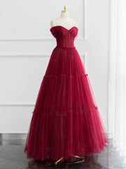 A-line Sweetheart Neck Tulle Burgundy Long Prom Dress Outfits For Girls, Off Shoulder Burgundy Formal Dress