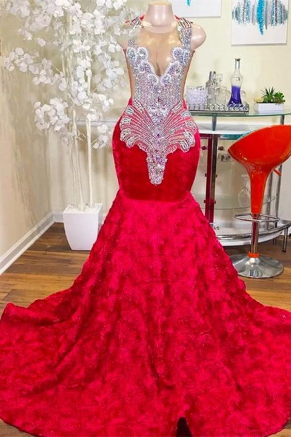 Charming Long Mermaid Jewel Satin Beading Prom Dress Outfits For Women Red Formal Gowns