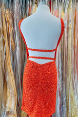 Orange Sequins Cross Front Bodycon Mini Party Dress
