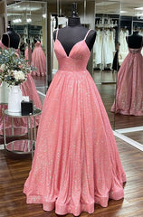 Pink Sequin Empire A-line Long Prom Dress