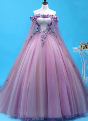 Light Purple Tulle Long Sweet 16 Gown Flowers Quinceanera Prom Dress