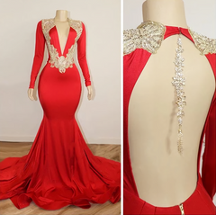 Black Girl Prom Dresses, Long Sleeve Red Prom Dresses With Beads Crystals V Neck Open Back Sexy Evening Gowns