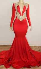 Black Girl Prom Dresses, Long Sleeve Red Prom Dresses With Beads Crystals V Neck Open Back Sexy Evening Gowns