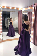 A-line Purple Velvet Satin Sweetheart Long Prom Vestres com bolsos