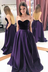 A-line lilla fløjls satin kæreste lange prom kjoler med lommer