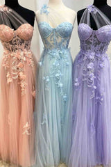 Sweetheart One Shoulder Pink Prom Dress Outfits For Women with Flowers