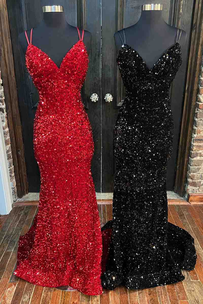 Mermaid Sequine Long Prom Dress Outfits For Women with Double Straps