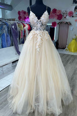 V-Neck Champagne Appliques Long Prom Dress Outfits For Women with Straps