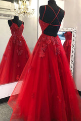 Gorgeous V Neck Backless Red Lace Evening Dress, 2024 Backless Red Lace Formal Dresses, Red Ball Gown