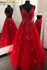 Gorgeous V Neck Backless Red Lace Evening Dress, 2024 Backless Red Lace Formal Dresses, Red Ball Gown