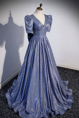 Blue Long A-Line Prom Dress, Simple V-Neck Short Sleeve Evening Dress