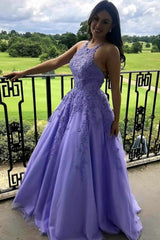 Lace Appliques Lavender Long Prom Dress Halter A Line Graduation Evening Dresses