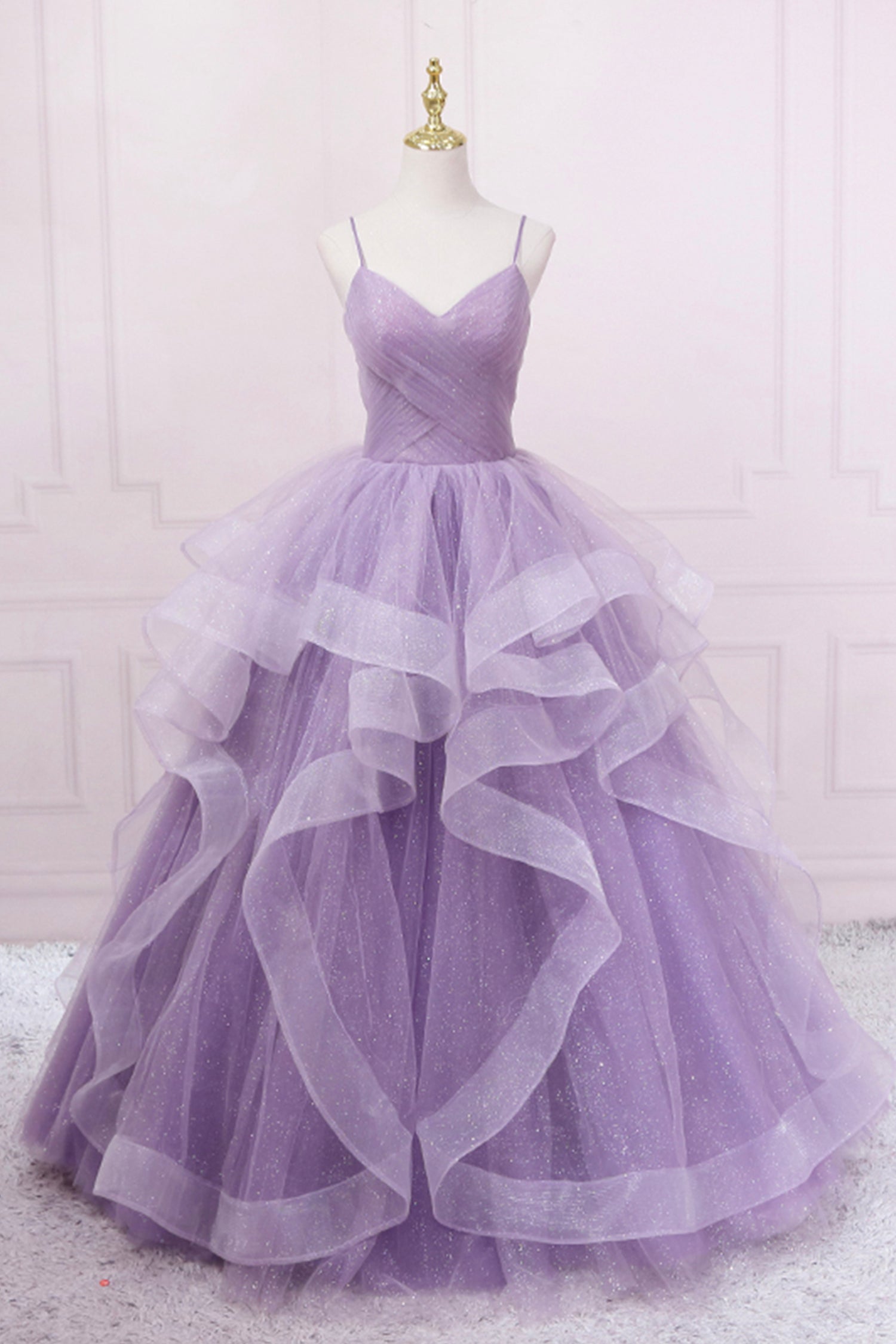 Purple Tulle Long Prom Dress, A-Line Spaghetti Strap Evening Gown