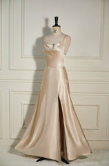 Champagne Cowl Neck Straps A-line Satin Long Dress with Slit