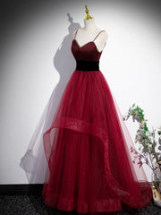 Wine Red Straps Beaded Sweetheart Tulle Formal Dress Outfits For Girls, Wine Red A-Line Prom Dress