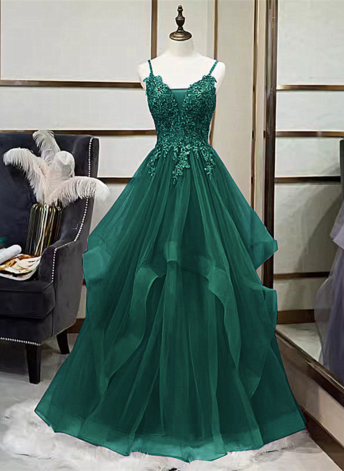 A-Line Tulle With Lace Applique Straps Long Party Dress Outfits For Girls, Green Tulle Prom Dress