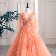 Lovey Tulle V-Neckline Long Party Dress Outfits For Women With Lace, A-Line Tulle Sweet 16 Dress